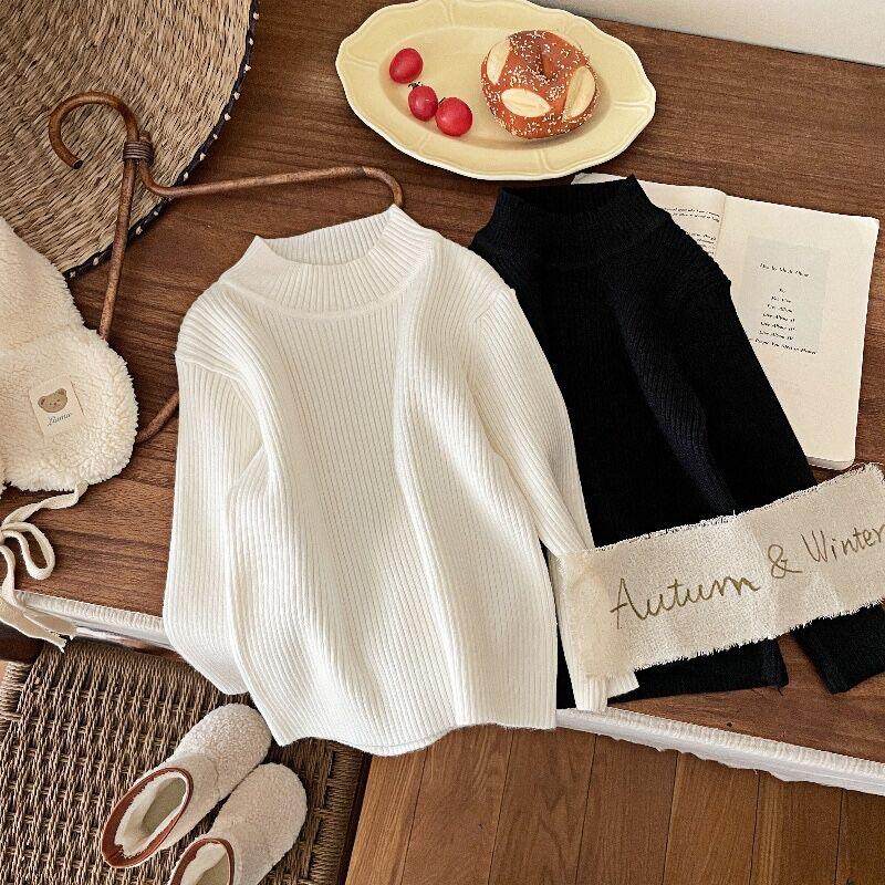 儿童白色加绒毛衣女童秋冬季打底衫男童纯白色半高领针织衫百搭款