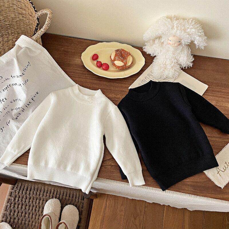 儿童黑白色毛衣加绒一体绒女童打底针织衫冬款男童纯白色毛衣加厚