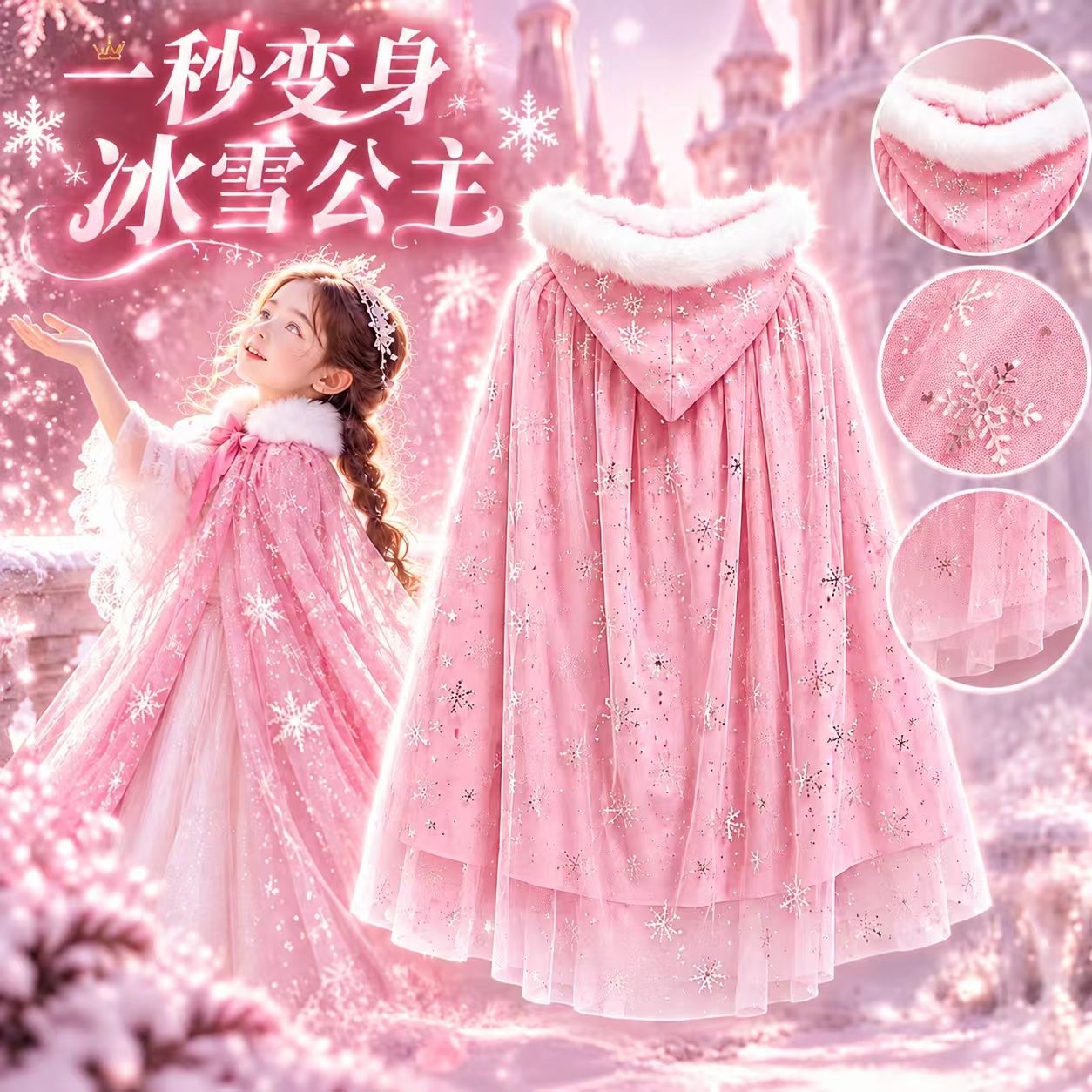 儿童冰雪披风女童艾莎公主斗篷秋冬毛领连帽圣诞新年派对外出披肩
