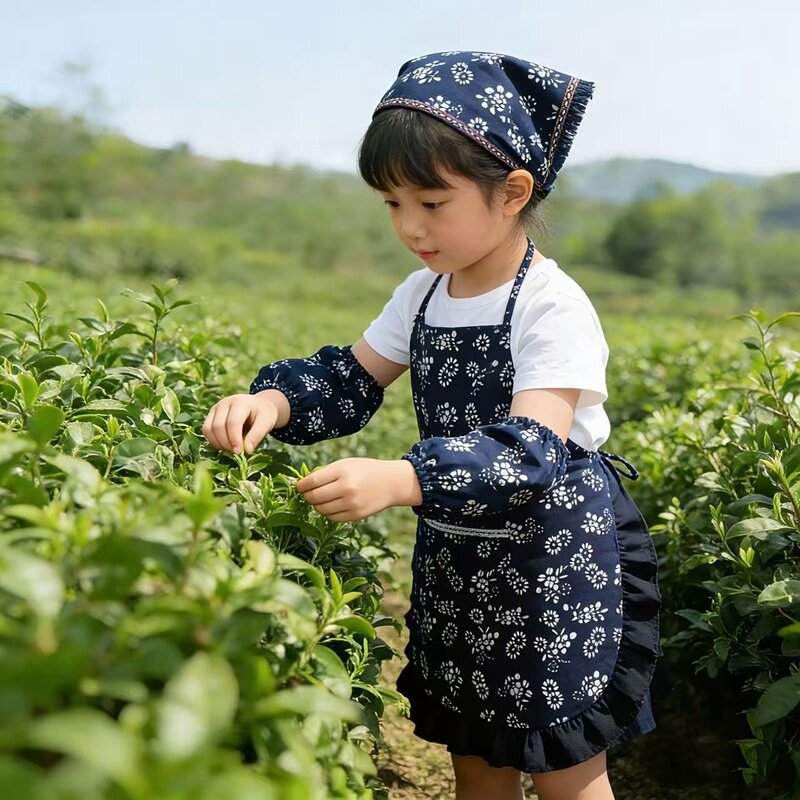 幼儿园小女孩蓝印花花边围裙纯棉小碎花舞蹈采茶小围腰田园民族风