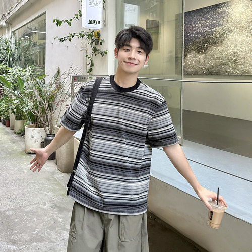 【日系条纹撞色】300g复古圆领短袖T恤男款夏季宽松舒适休闲半袖