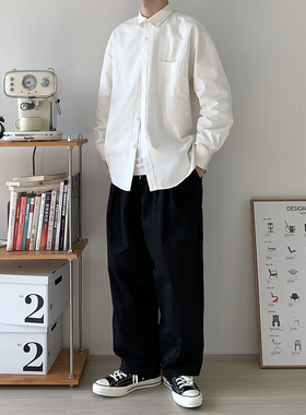 320g重磅白色长袖衬衫春秋季男生纯色衬衣外套纯棉休闲上衣暗物质