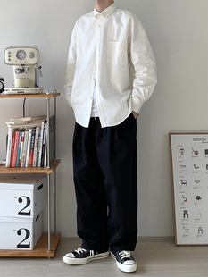 男生纯色衬衣外套纯棉休闲上衣暗物质 春秋季 320g重磅白色长袖 衬衫