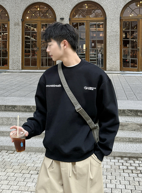 420g重磅黑色圆领字母印花卫衣男生宽松无帽长袖外套2026春季新款