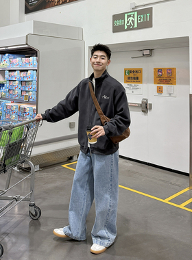 浅蓝色日系直筒水洗做旧牛仔裤男生春季蓝色宽松复古百搭长裤子男