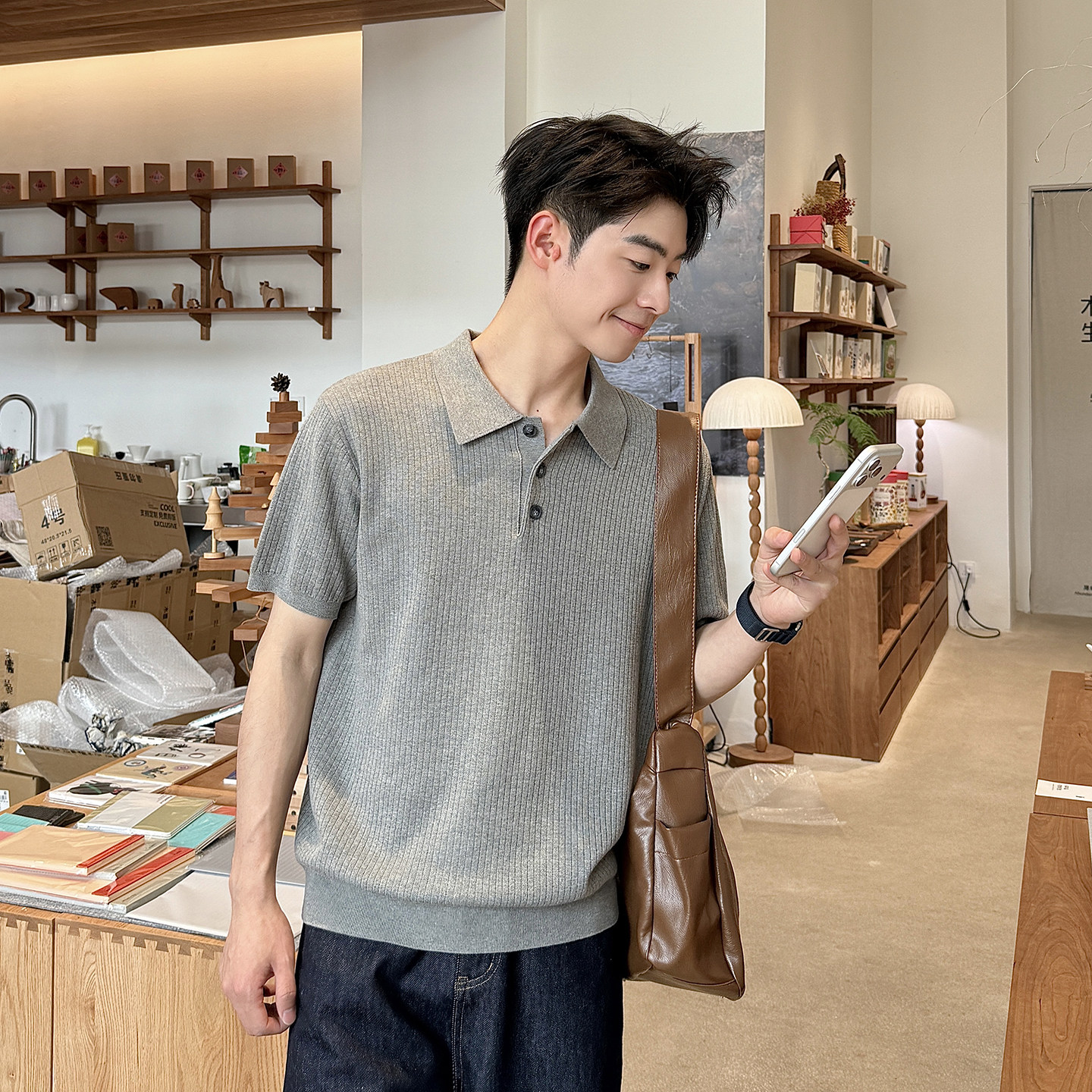 【老钱风 坑条肌理感】莱赛尔Polo衫短袖T恤男夏宽松针织休闲上衣图片