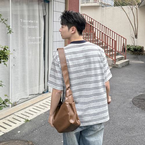 225g撞色条纹短袖T恤男生夏季新款慵懒松弛宽松休闲圆领半袖上衣
