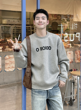 420g灰色字母印花圆领长袖套头卫衣男生2026新款秋季休闲宽松上衣