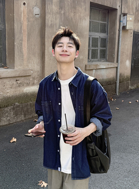 蓝色牛仔衬衫长袖男生春秋季2025新款日常百搭外套上衣衬衣纯色