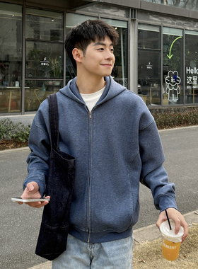 380g重磅蓝色连帽拉链开衫卫衣男生春季新款宽松复古慵懒上衣外套