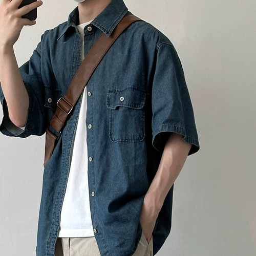 Цветная японская ретро летняя рубашка, синяя футболка, свободный крой