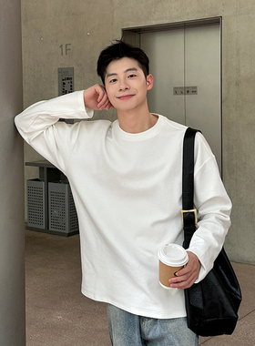 320g重磅白色圆领套头长袖T恤男生2025春秋季日系简约基础打底衫