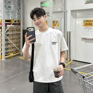 260g字母刺绣圆领短袖T恤春季新款男生白色宽松休闲套头半袖上衣