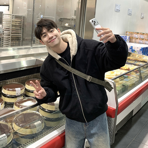 黑色连帽棉服男款冬季宽松休闲保暖加厚毛绒棉袄厚外套2025新款