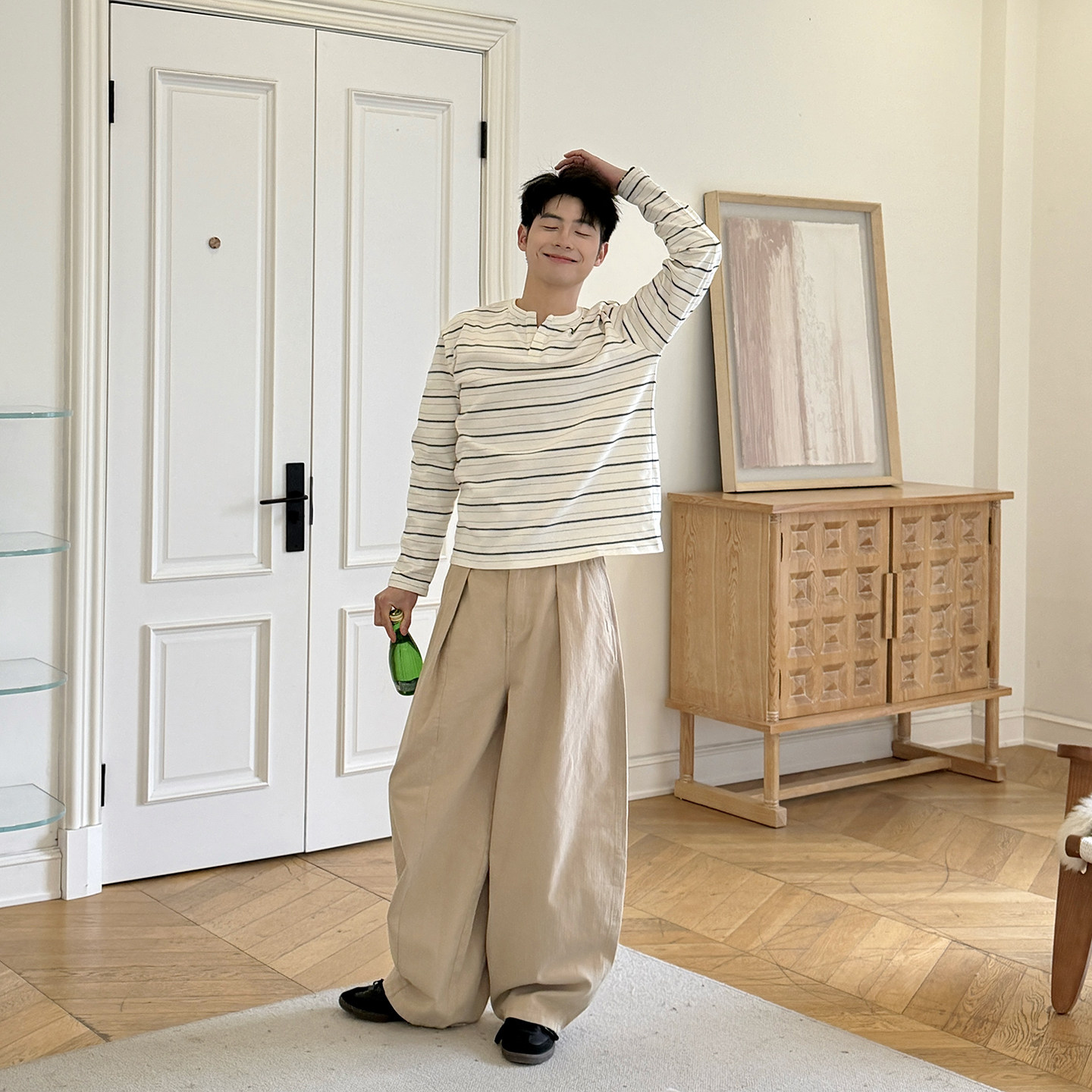 卡其色立体单褶垂感休闲裤男生春季新款宽松日系复古阔腿长裤男