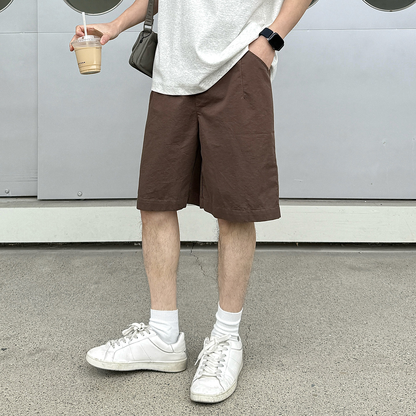纯棉复古阔腿松紧腰五分裤男款夏季新款日系宽松休闲慵懒风中短裤