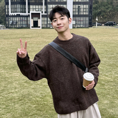 咖色圆领毛衣男春秋季 套头宽松慵懒风 长袖 2026新款 休闲针织打底衫