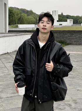黑色PU皮衣棉服皮夹克秋冬季2025新款男生外套加厚保暖棉袄棉衣