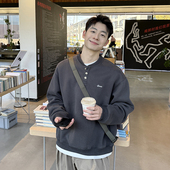 400g纯色亨利领纽扣卫衣男生春秋季 2026新款 上衣内搭休闲宽松百搭