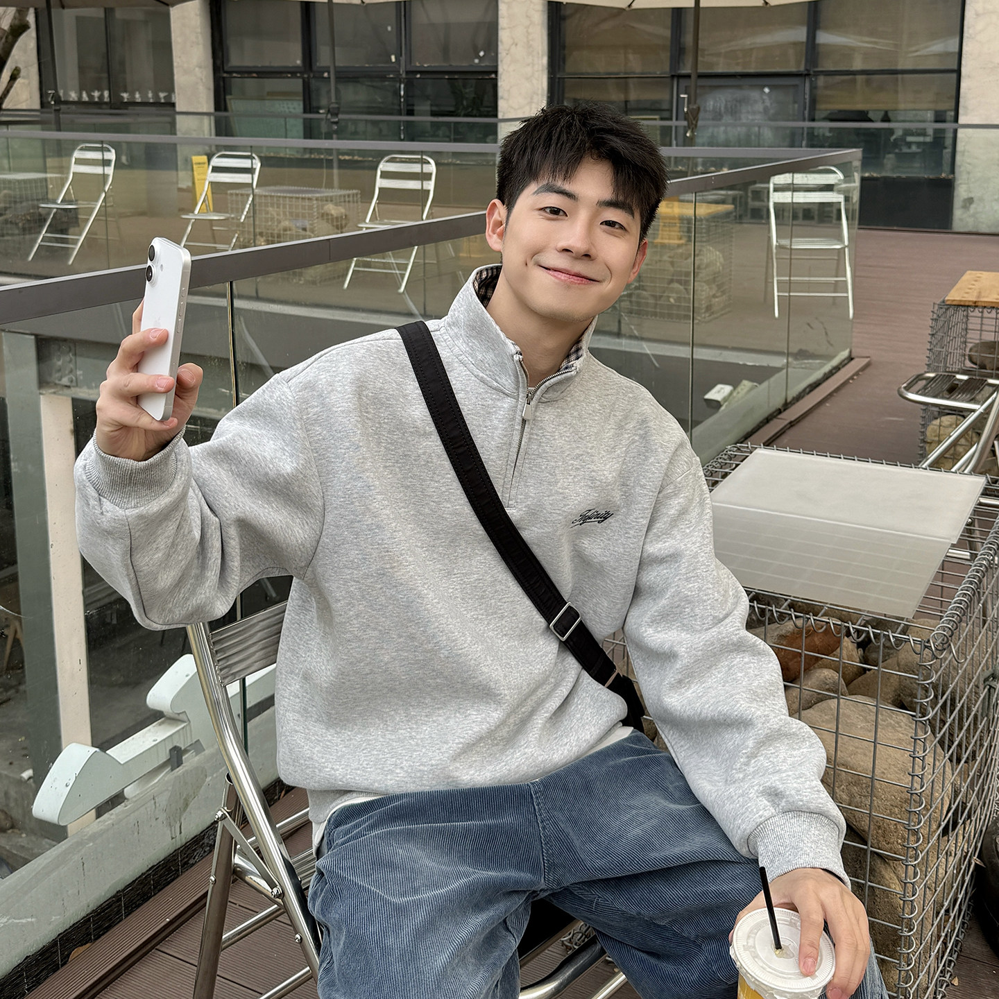 400g重磅立领字母刺绣半拉链套头卫衣男生春季宽松翻领格纹外套男