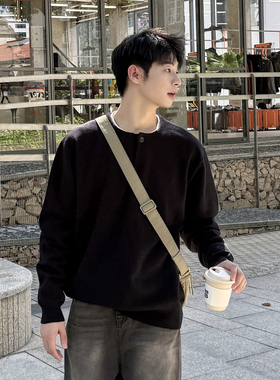 黑色亨利领毛衣男生2025新款秋冬季高级感宽松休闲纯色针织衫上衣