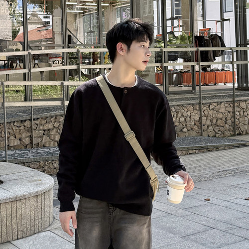 黑色亨利领毛衣男生2025新款秋冬季高级感宽松休闲纯色针织衫上衣