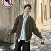 春秋季 咖啡色翻领复古工装 夹克男生新款 宽松休闲百搭潮流外套上衣