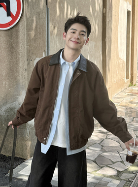 咖啡色翻领复古工装夹克男生2025新款秋冬季休闲加厚棉服外套上衣