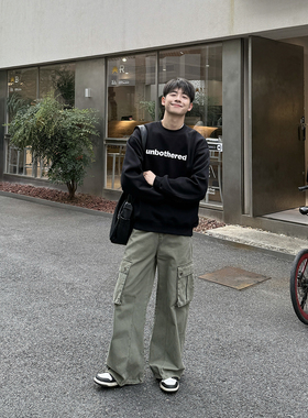 军绿色直筒工装休闲裤男款秋冬季美式复古宽松户外长裤2025新款