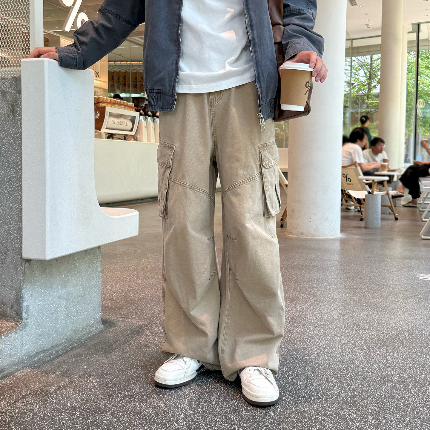 卡其色日系水洗直筒多口袋工装裤男生2025新款秋季阔腿宽松休闲裤