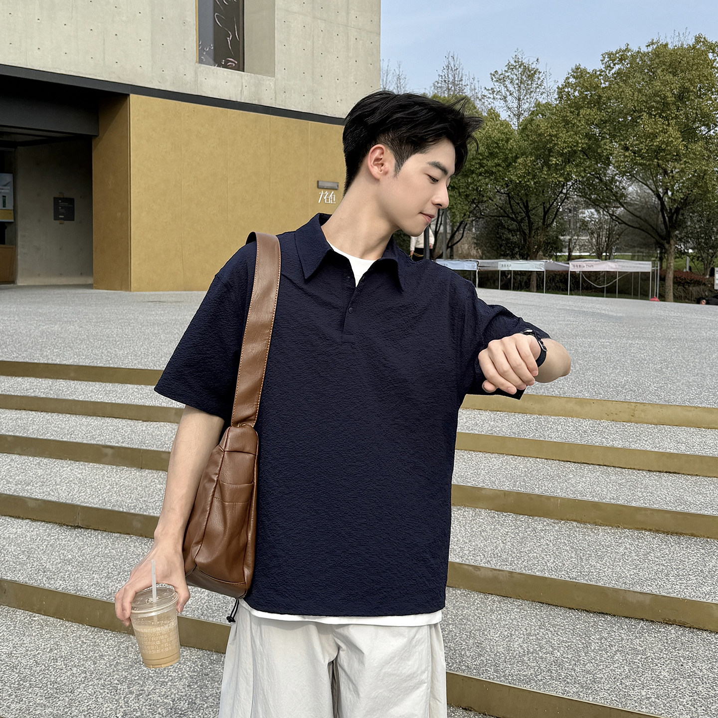 【柔软泡泡纱】藏青色Polo领短袖T恤男夏季新款宽松轻薄速干半袖