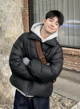 90白鸭绒黑色立领皮衣羽绒服男生2025新款冬季宽松加厚高级感外套