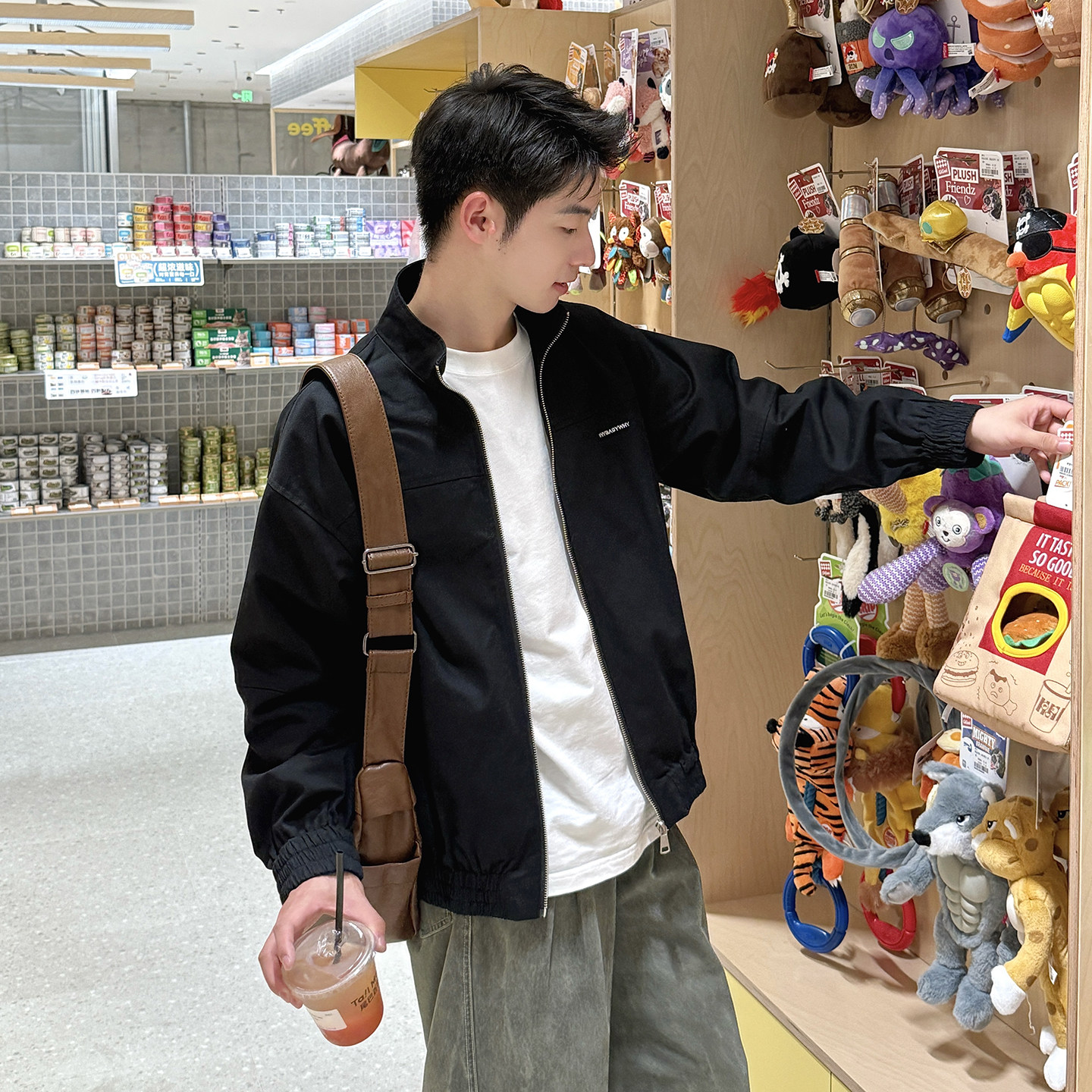 暗物质黑色字母刺绣全棉立领夹克男生2025新款秋季宽松上衣外套