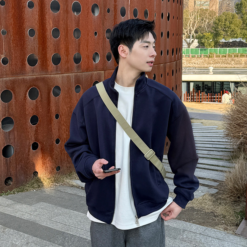 420g重磅藏青短款立领卫衣开衫男春秋季2025新款上衣外套休闲宽松