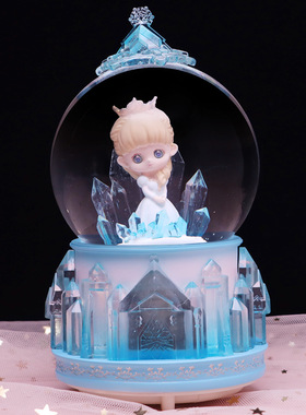 公主水晶球音乐盒旋转发光女孩卧室摆件飘雪八音盒儿童生日礼物女