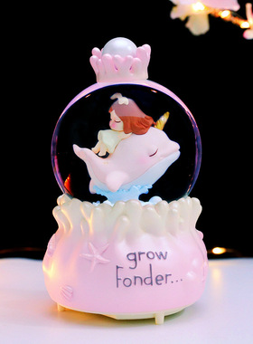 海豚女孩水晶球音乐盒八音盒雪花旋转梦幻公主男女生生日圣诞礼物
