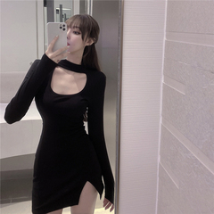 Real shot sexy hollowed out design long sleeve dress for women with high waist and thin appearance and split buttock skirt