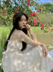 Real V-neck flower fairy super fairy sweet mesh bandage Chiffon suspender floral dress girl