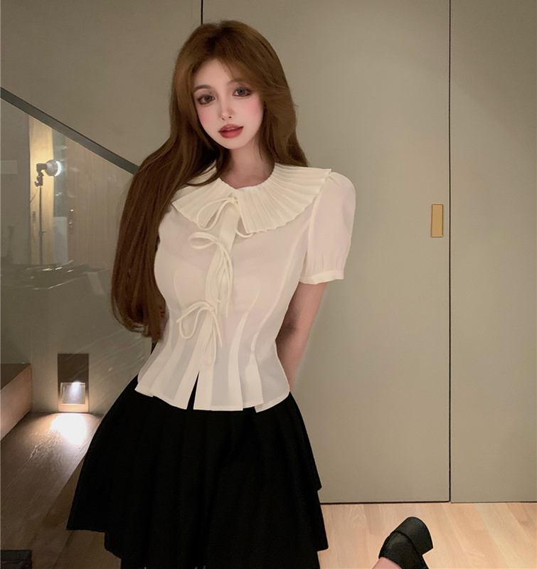Real shot sexy baby collar waist show thin shirt bow short sleeve shirt women's summer