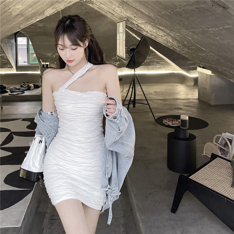 Real shot sexy bra, one line collar, slanting shoulder, slim dress, off shoulder skirt, hip skirt, short skirt, female