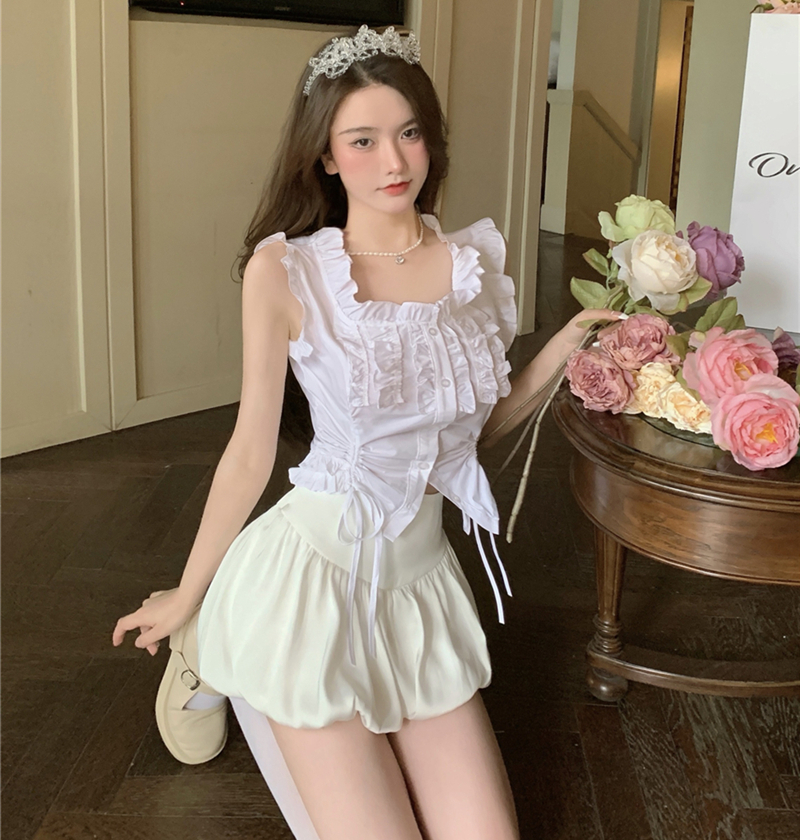 Real photo lotus leaf fungus Lace Waist tie vest shirt + slim lantern skirt pleated skirt women's summer