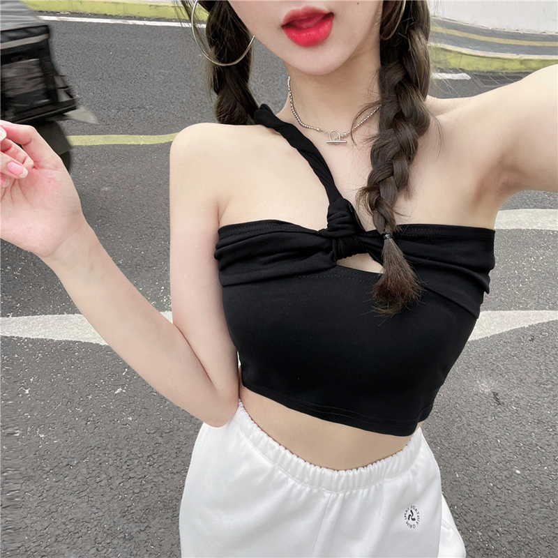 Real shot one shoulder hollowed out vest strap for sexy short French Bra Top