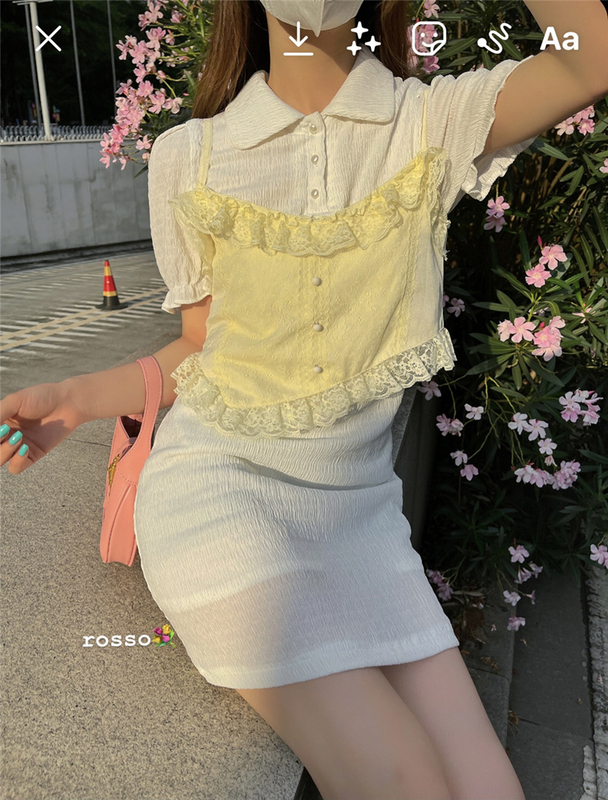 Two piece French dress with suspender, spice girl LACE VEST and polo collar