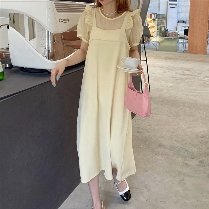 Real two piece girl's loose and thin Ruffle strap dress + shirt