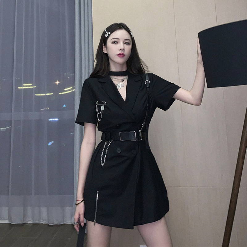 Real photo temperament show thin short sleeve double breasted suit dress zipper belt casual A-line skirt female