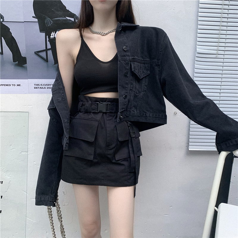 Korean loose denim jacket short jacket with high waist and slim buttock skirt
