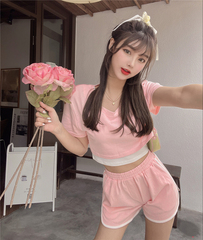 Real shot casual 3-piece set of niche short top T-shirt versatile vest show thin sports shorts female