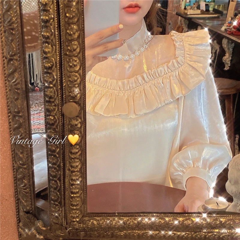 Real shot retro French court style small high collar lotus leaf bead luster baby shirt girl