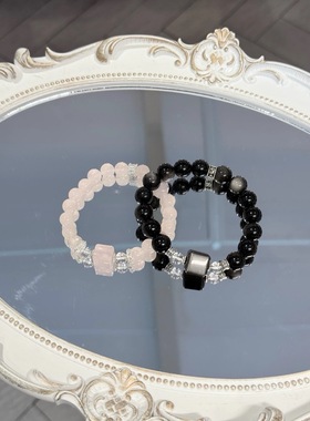 天然粉水晶银曜石手链七夕情侣款恋爱小方块招正缘设计手串希洛阁