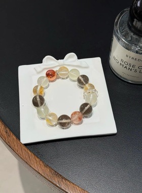 天然白色茶晶虎眼石黄水晶手链多宝手串招财转运男士大珠子女